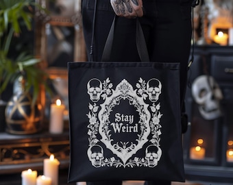 Stay Weird Gothic Skull Black Canvas Tote Bag - Alternative Tote, Reusable Shopping Bag, Eco-Friendly Shoulder Bag, Unique Gift for Her,