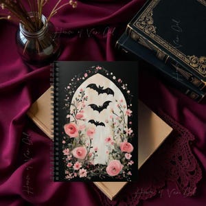 Whimsigoth Bat Pink Floral Arch Spiral Notebook - Ruled Line, Journal, Gothic Goth Witchcore Stationery, Writing, Planner, Diary, Gift Idea