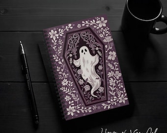 Gothic Coffin Floral Ghost Purple Spiral Notebook Junk Journal, Creepy Gothic Stationery, Diary