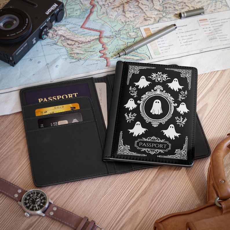 Gothic Ghost Black Passport Cover Holder Protector | Faux Leather Travel Wallet Gothic Luggage Accessories Goth Gift Idea Travel Organizer image 4