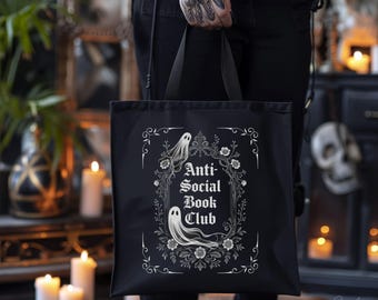 Anti-Social Book Club Black Canvas Tote Bag | Bookish Gothic Ghost Floral Design