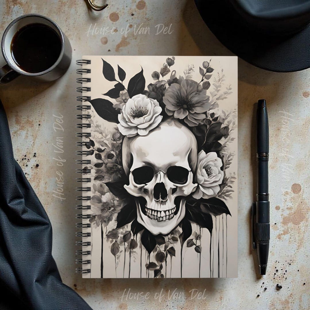 Punk Rock Neutral Grunge Drip Paint Floral Skull Spiral Notebook ...