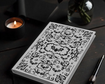 Gothic Bat Skull Black White Hardcover Journal Matte Notebook Diary
