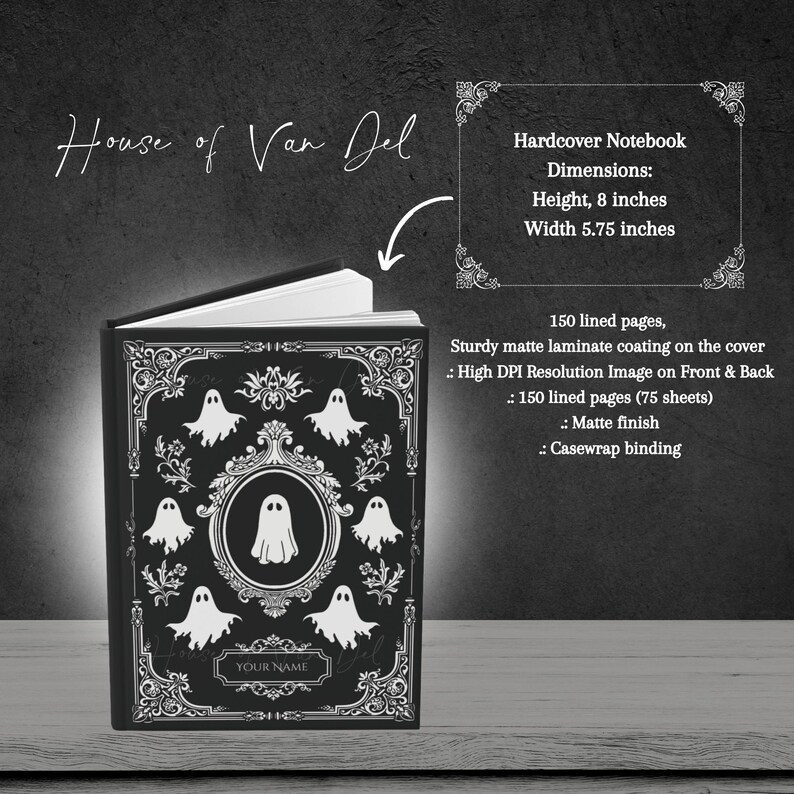 May include: Black hardcover notebook with a ghost design. The notebook has a matte finish and casewrap binding. Dimensions are 8 inches in height and 5.75 inches in width. The notebook has 150 lined pages.