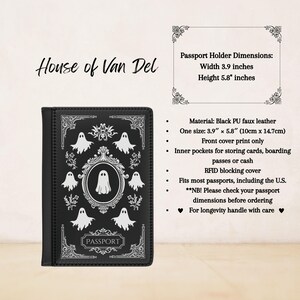May include: Black passport holder with a spooky ghost design. The holder measures 3.9 inches wide and 5.8 inches tall. It is made of faux leather and has inner pockets for storing cards, boarding passes, or cash. The holder also has RFID blocking technology.