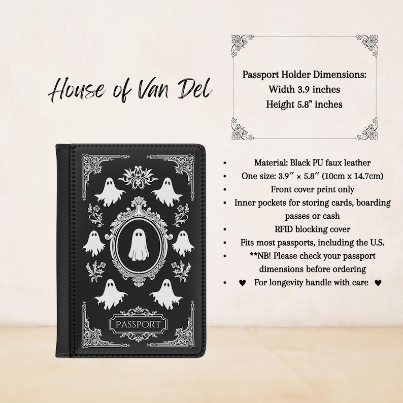 May include: Black passport holder with a spooky ghost design. The holder measures 3.9 inches wide and 5.8 inches tall. It is made of faux leather and has inner pockets for storing cards, boarding passes, or cash. The holder also has RFID blocking technology.