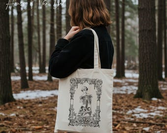 Skeleton Greek Goddess Venus Cotton Canvas Tote Bag, Macabre Goth Book Bag