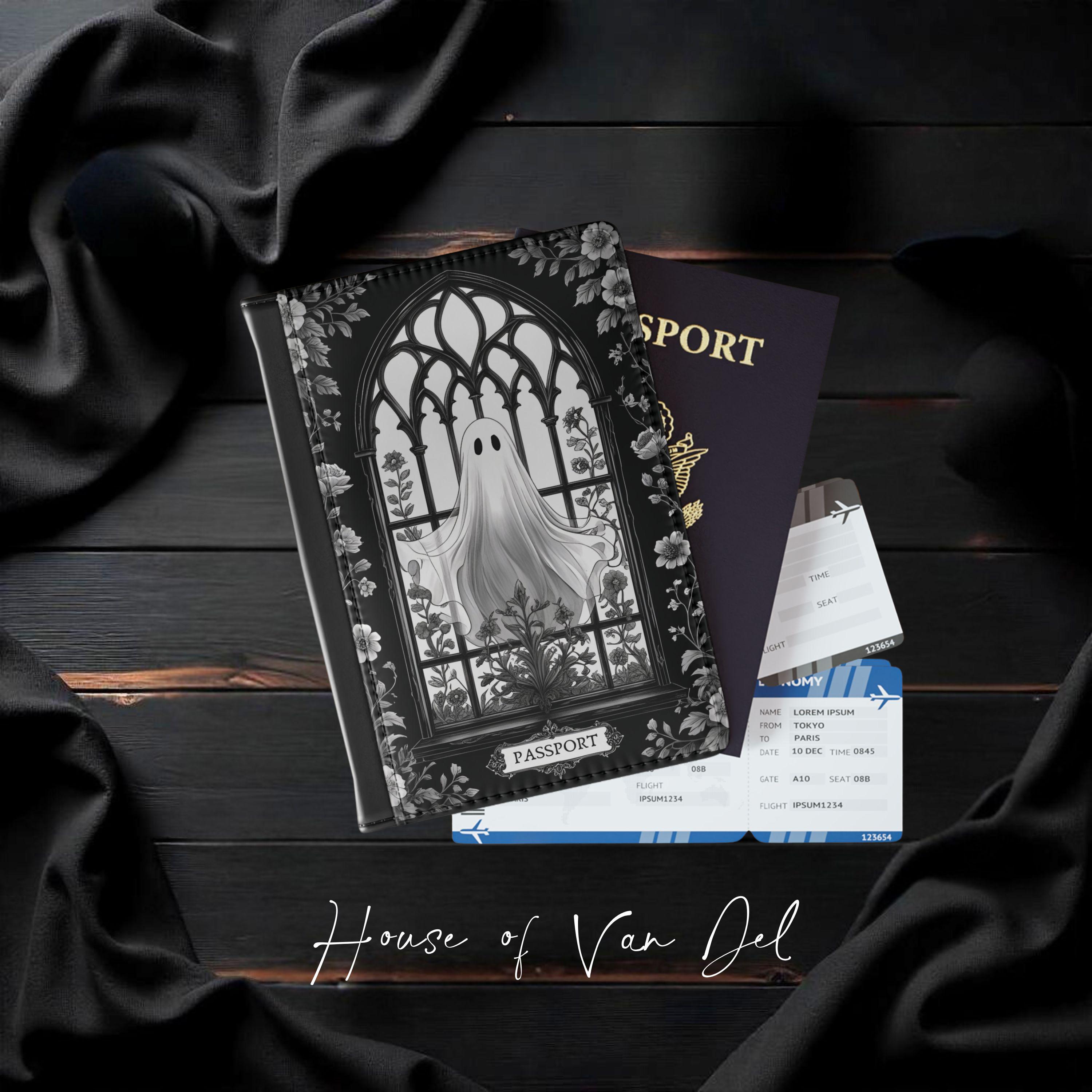 Gothic Ghost Black Passport Cover Gothic Cathedral Floral Sketch Travel Document Holder Horror Wallet Wanderlust Accessory Goth Gift Idea