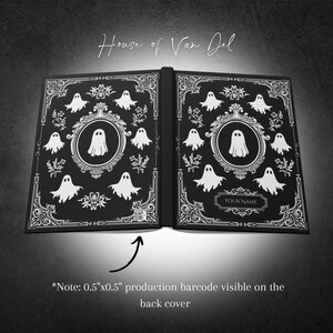 May include: Black journal with white ghost illustrations and ornate border designs. The journal has the text "House of Van Del" and a space for "YOUR NAME". A small barcode is visible on the back cover.