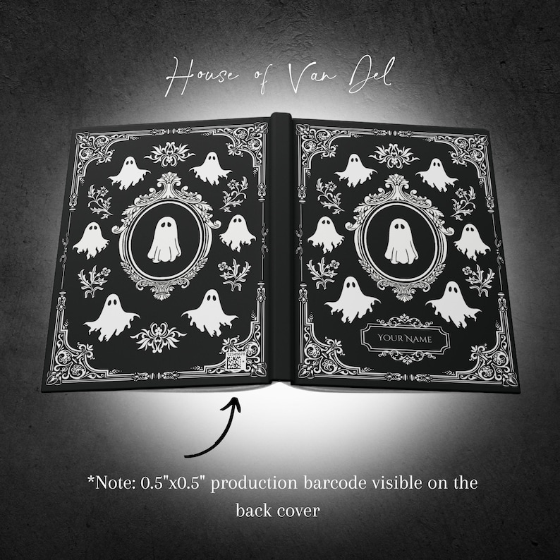 May include: Black journal with white ghost illustrations and ornate border designs. The journal has the text "House of Van Del" and a space for "YOUR NAME". A small barcode is visible on the back cover.