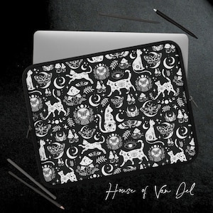 Cat Magic Moth Gothic Black Laptop Sleeve Witchy Case Cover Dark Academia Macbook Bag Whimsigoth Tablet Tech Accessory, Goth Gift Idea