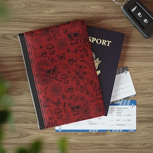 Funda para pasaporte gótica con diseño floral de calavera roja, bonita funda para documentos de viaje, accesorio de viaje gótico ideal para viajar, ideal como regalo para ella, billetera botánica.