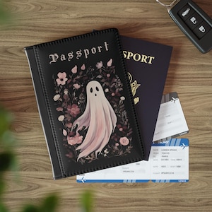 Funda gótica para pasaporte, funda de viaje con diseño floral burdeos y rosa fantasma, funda de Halloween Whimsigoth, protector de pasaporte, idea de regalo gótico