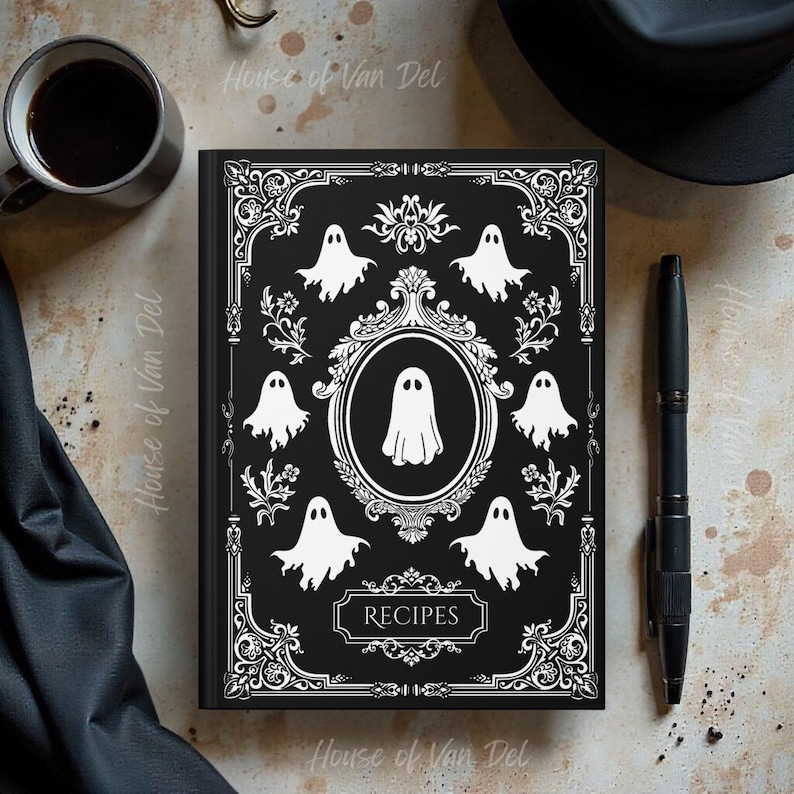 May include: Black recipe book with a white ornate border and ghost illustrations. The title "Recipes" is printed in white on a black banner.