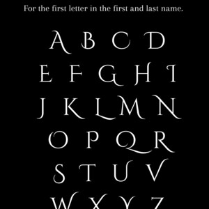 May include: A black background displays the word "FONT" above the alphabet in white. The text below reads, "For the first letter in the first and last name." The alphabet is presented in a serif font.