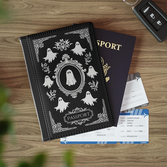 Gothic Ghost Black Passport Cover Holder Protector | Faux Leather Travel Wallet Gothic Luggage Accessories Goth Gift Idea Travel Organizer