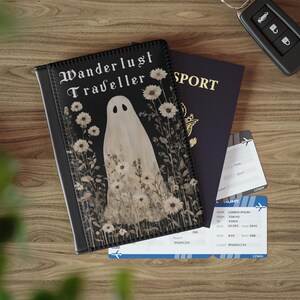 Funda de pasaporte negra con diseño de fantasma gótico, cartera para viajeros apasionados por los viajes, accesorio de viaje, idea de regalo gótico única, protector de pasaporte espeluznante