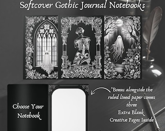 May include: Black softcover Gothic journal notebooks with detailed white illustrations of ghosts, skeletons, and gothic architecture. The open notebook shows blank pages. Text reads "Choose Your Notebook" and "Bonus alongside the ruled lined paper comes three Extra Blank Creative Pages Inside."
