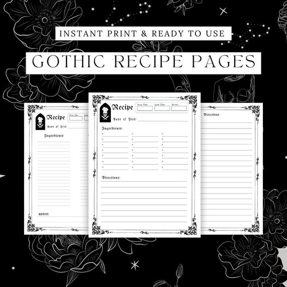 Gothic Recipe Pages Instant Download Printable Recipe Sheet Set | Goth Aesthetic | Halloween Recipe Binder Page Dark Academia Kitchen