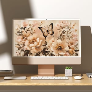 Aesthetic Neutral Butterfly Floral Desktop Wallpaper iMAC Macbook Laptop Computer Screensaver Background Download Trendy Beige Spring Summer