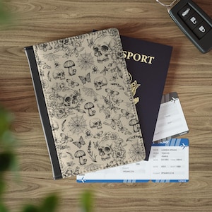Funda para pasaporte con diseño de calavera, floral, araña, hongo, botánica, terror, gótica y espeluznante, bonito portadocumentos, bonito accesorio de viaje gótico, regalo para ella.