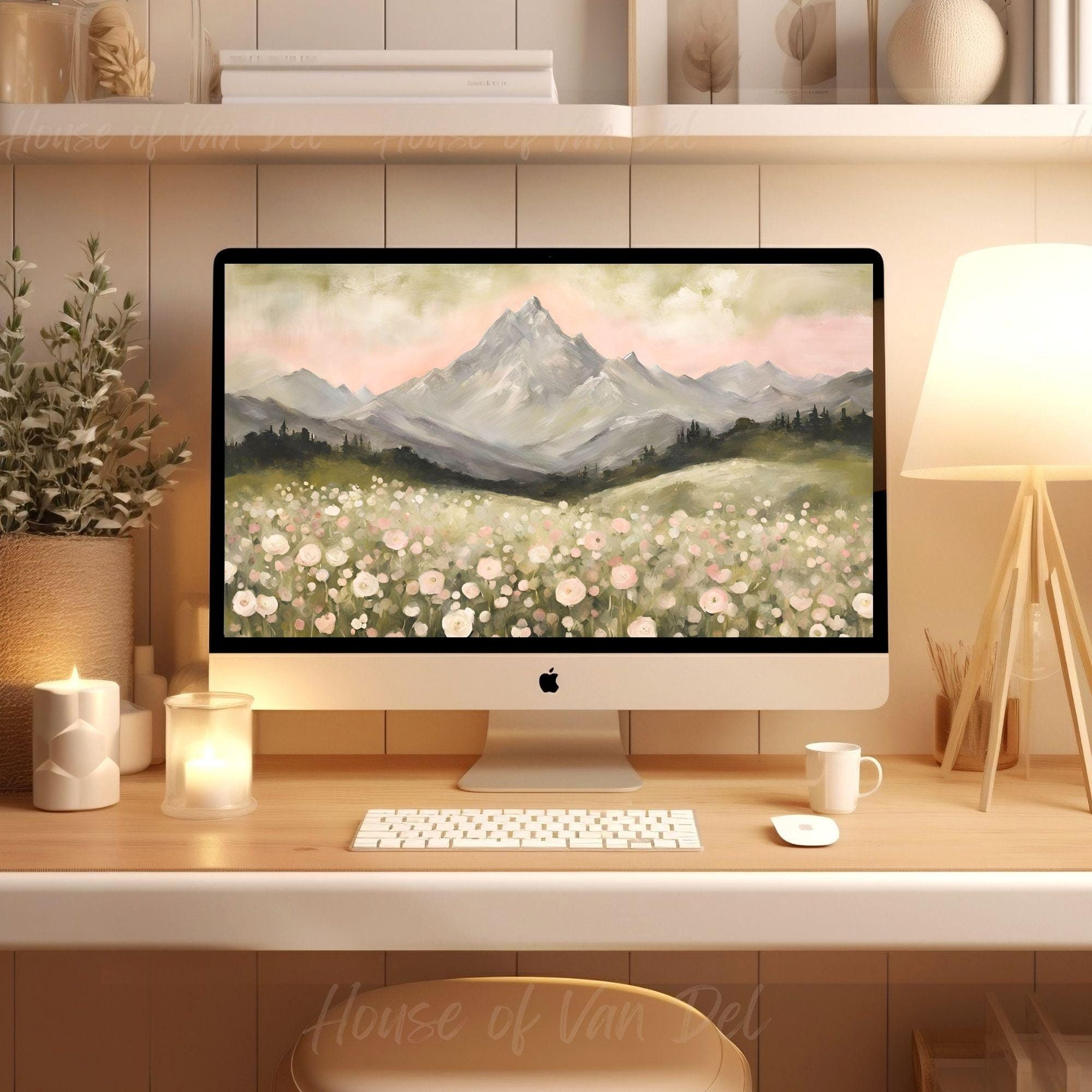 Aesthetic Mountain Floral Landscape Desktop Wallpaper | iMAC Macbook Laptop Computer Screensaver Background Download Trendy Pretty Wallpaper