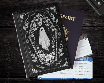 Gothic Ghost Floral Coffin Black Passport Cover, Travel Document Holder Spooky Horror Travel Wallet Accessory