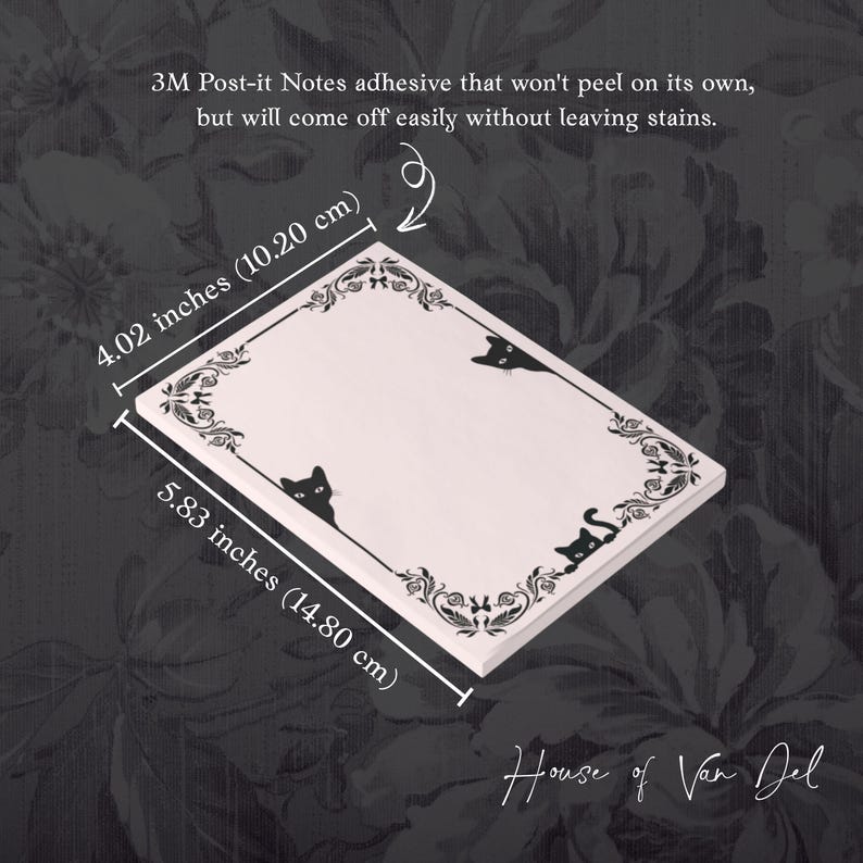 May include: White Post-it notes with a black decorative border and cat silhouettes. The notes measure 4.02 inches by 5.83 inches. The text says the adhesive won't peel on its own, but will come off easily without leaving stains.