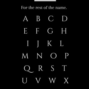 May include: A black background with white text displaying the word "FONT" above the phrase "For the rest of the name." The letters of the alphabet are arranged in rows, from A to Z, in a serif font.