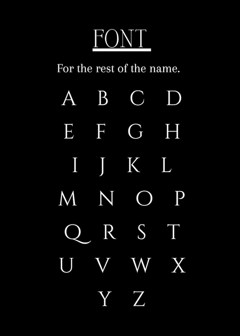 May include: A black background with white text displaying the word "FONT" above the phrase "For the rest of the name." The letters of the alphabet are arranged in rows, from A to Z, in a serif font.