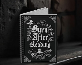 Skull Raven Burn After Reading Black Goth Spiral Rule Lined Notebook Creepy Spooky Stationery