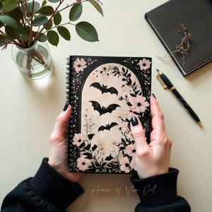 Goth Floral Bats Spiral Notebook, Journal for Writing, Ruled Line Diary Planner, Gothic Halloween Witchy Stationery Gift Idea Dark Aacdemia