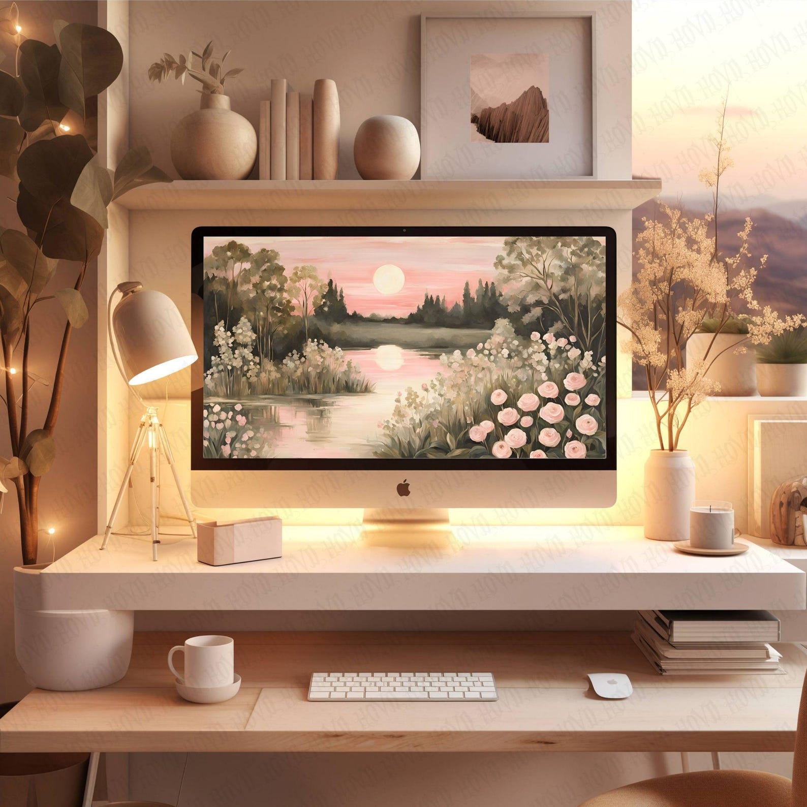 Aesthetic Nature Pink Sunset Floral Pond Landscape Desktop Pretty ...
