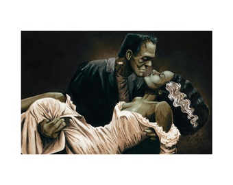 Green Frankenstein and His Bride Halloween Fine Art Print Matte Poster | Goth Gallery Wall | Gothic Home Decor |
