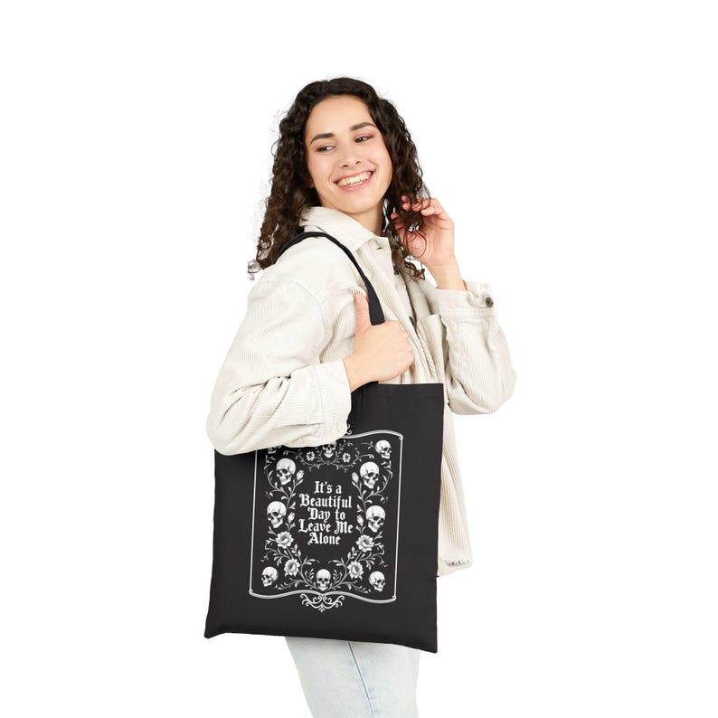 Gothic Tote Bag, Emo Canvas Tote, It's a Beautiful Day To Leave Me Alone Quote, Reusable Bag, Dark Grunge, Alternative Book Grocery Bag image 5