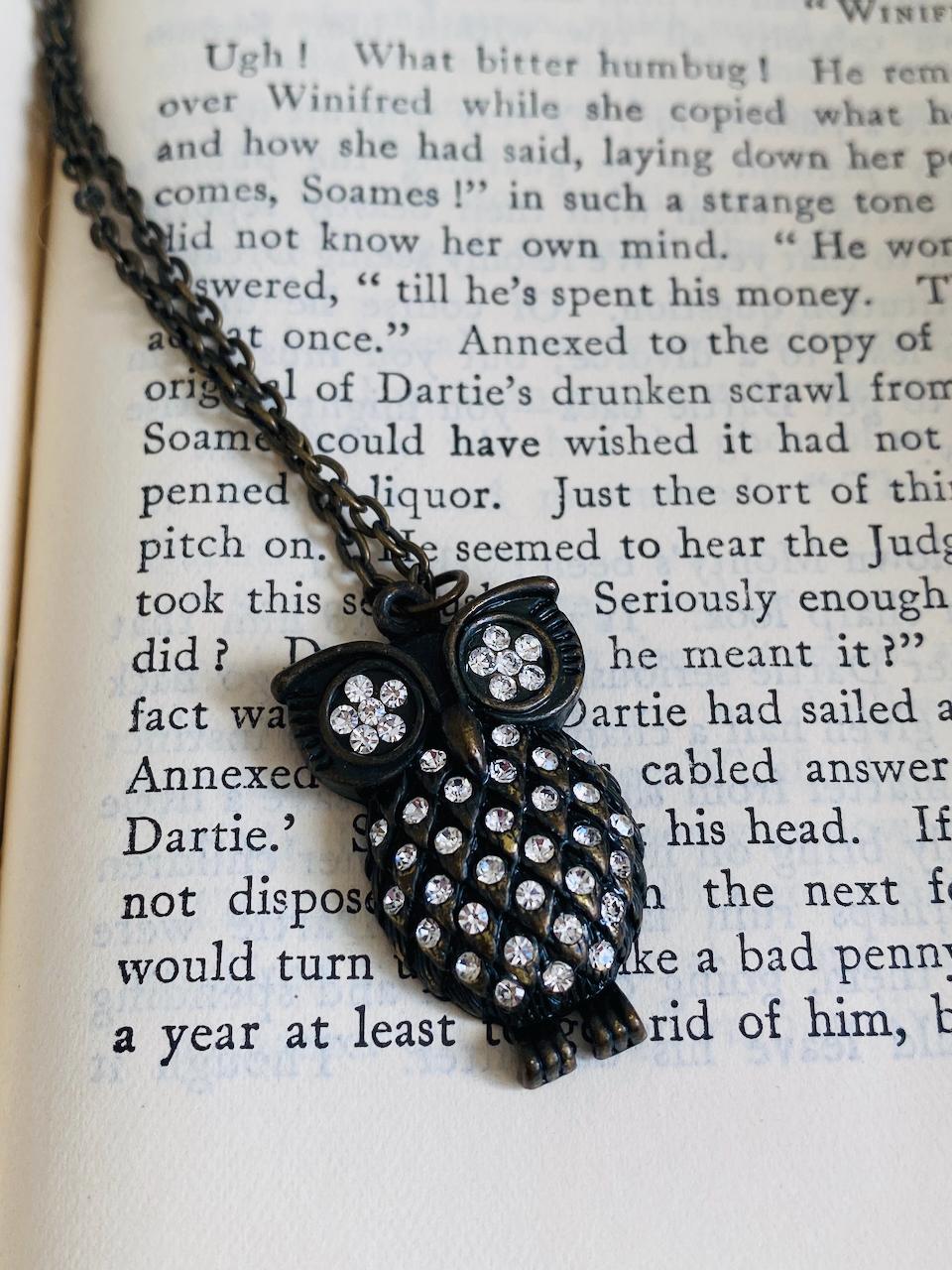 Vintage Rhinestone Owl Pendant Necklace &mdash; Antique Brass Tone &mdash; Crystal Studded Statement
