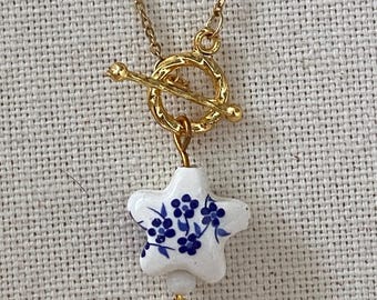 Handmade Porcelain Star Necklace | Blue & White Floral Ceramic Pendant | Cottagecore Toggle Necklace