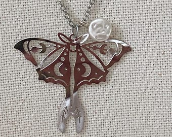 Handmade Luna Moth Necklace | Celestial Moon Phase Moth Pendant with Pearl | Witchy Whimsical Jewellery