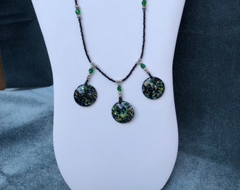 Womens Mosaic bead necklace Resin jewel tone foil mosaic beaded necklace Silver black and green sparkly foil necklace Toggle clasp necklace