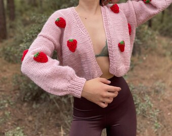 Strawberry chunky crop cardigan for Woman,  oversize sweater .unique gifts, knitted crop jumper mothersday gifts
