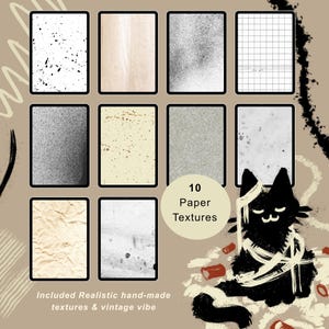Black ink illustration created in Procreate with textured linework inspired by traditional pen and ink drawing. A digital collection of 10 paper textures displayed in rectangular frames, featuring various patterns like ink splatters, grid lines, and aged paper. A black cat illustration wrapped in white bandages sits in the lower right corner created with Ink texture Procreate brushes.