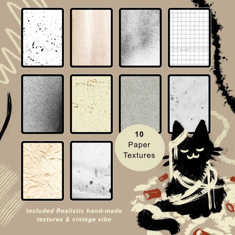 Black ink illustration created in Procreate with textured linework inspired by traditional pen and ink drawing. A digital collection of 10 paper textures displayed in rectangular frames, featuring various patterns like ink splatters, grid lines, and aged paper. A black cat illustration wrapped in white bandages sits in the lower right corner created with Ink texture Procreate brushes.