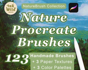 May include: A digital product advertisement for the NatureBrush Collection featuring 123 handmade Procreate brushes, 3 paper textures, and 3 color palettes. The graphic displays the text Nature Procreate Brushes over a painted landscape scene.