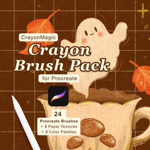 Puede incluir: Un gráfico digital para CrayonMagic Crayon Brush Pack for Procreate con un fantasma blanco, hojas de otoño naranjas y una taza de té con setas sobre un fondo de cuadrícula marrón. Incluye un lápiz óptico y 24 pinceles, 3 texturas y 3 paletas.