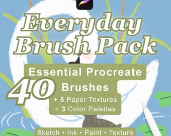 May include: A digital product graphic titled Everyday Brush Pack featuring 40 Essential Procreate Brushes, 5 Paper Textures, and 3 Color Palettes. The text includes Sketch, Ink, Paint, and Texture. The background shows a white swan illustration.