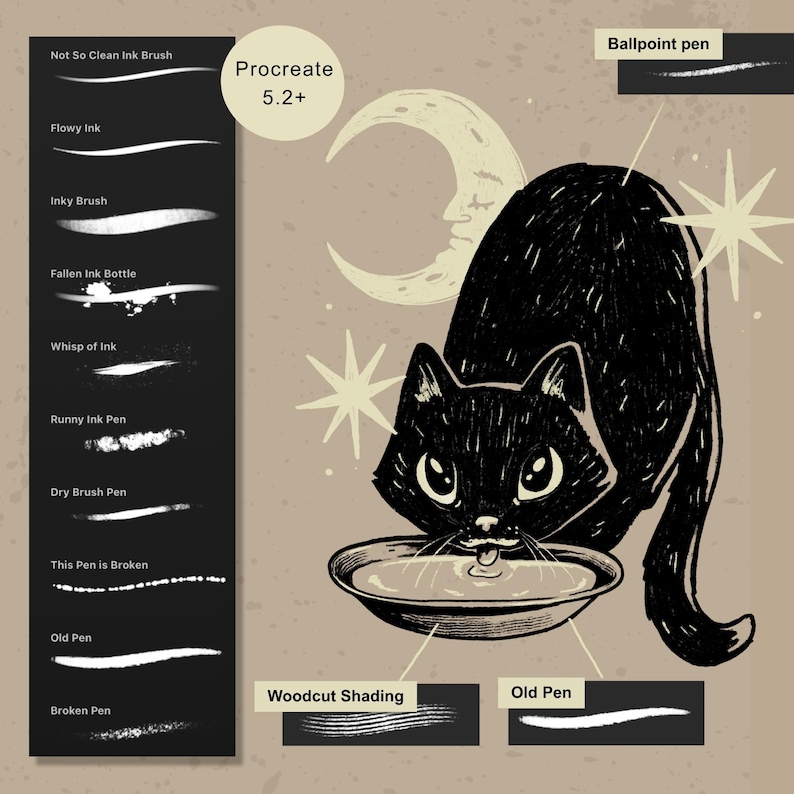Digital illustration using Procreate ink brushes for line art, tattoo design, comics and expressive drawing. A digital illustration of a black cat drinking from a bowl, set against a beige background with a crescent moon and stars. A vertical black panel on the left displays brush stroke samples. Text reads Procreate 5.2+.