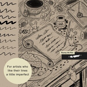 Procreate dry ink and texture brush examples with rough edges, grain and traditional hand-drawn character. A sepia-toned digital illustration featuring three mice, a scroll with handwritten text, a cup of tea, a plate of cheese, and an ink bottle. The text reads 'For artists who like their lines a little imperfect' and 'Runny Ink Pen'.