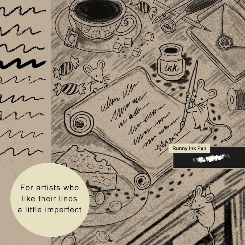 Procreate dry ink and texture brush examples with rough edges, grain and traditional hand-drawn character. A sepia-toned digital illustration featuring three mice, a scroll with handwritten text, a cup of tea, a plate of cheese, and an ink bottle. The text reads 'For artists who like their lines a little imperfect' and 'Runny Ink Pen'.