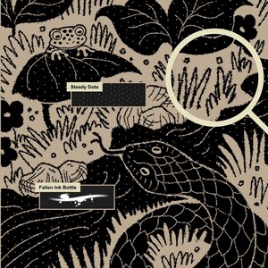 Black ink illustration created in Procreate with textured linework inspired by traditional pen and ink drawing. A beige and black graphic print featuring a frog on a lily pad, a snake, and various plants. Text labels include Steady Dots and Fallen Ink Bottle. A circular magnifying glass overlay highlights a section of the textured botanical pattern.