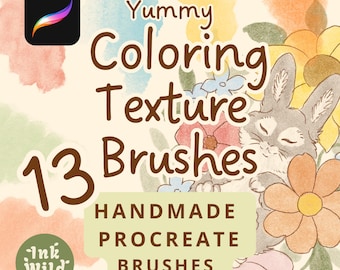 May include: A digital set of 13 Yummy Coloring Texture brushes for Procreate, featuring a graphic of a rabbit among flowers. The image includes the text Yummy Coloring Texture 13 Brushes, Handmade Procreate Brushes, and the Ink Wild Brushes logo.
